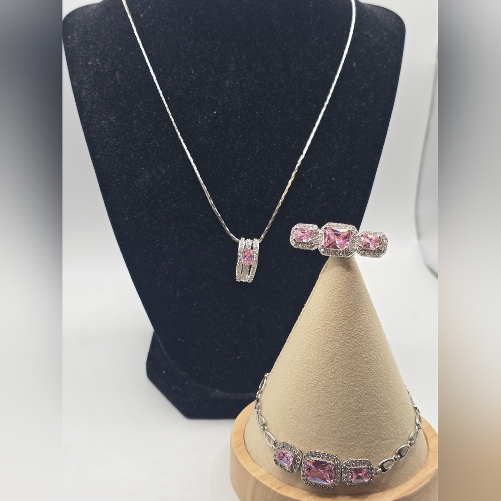 Art Deco "Rose Water" Sterling Silver & Pink Ice Radiant Cut Suite
